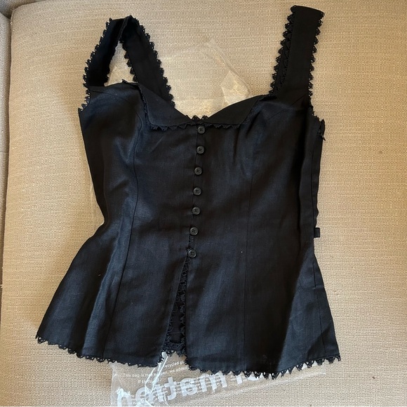 NEW Reformation Viola Linen Top - Black Noir Spring French Causal Lace Detail - Picture 5 of 11